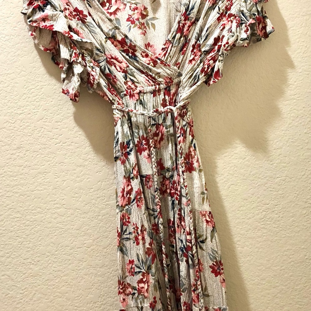 Angie Floral Wrap Mini Dress in Cream, Red and Blue